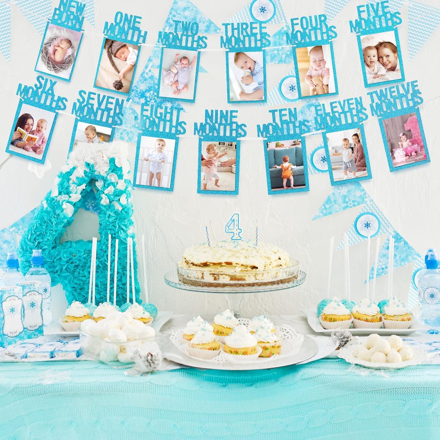 imageWhaline 1st Birthday Baby Photo Banner for Newborn to 12 Months Monthly Milestone Photograph Bunting Garland First Birthday Celebration Decoration Rose GoldBlue