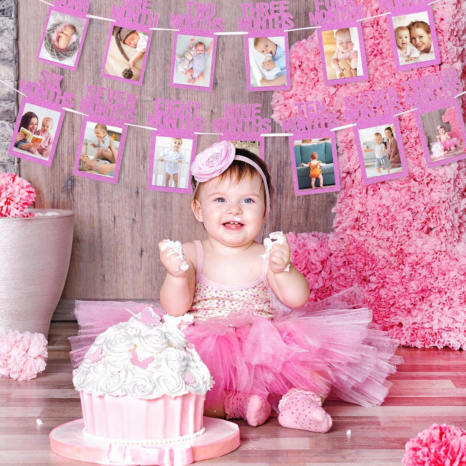 imageWhaline 1st Birthday Baby Photo Banner for Newborn to 12 Months Monthly Milestone Photograph Bunting Garland First Birthday Celebration Decoration Rose GoldHot Pink
