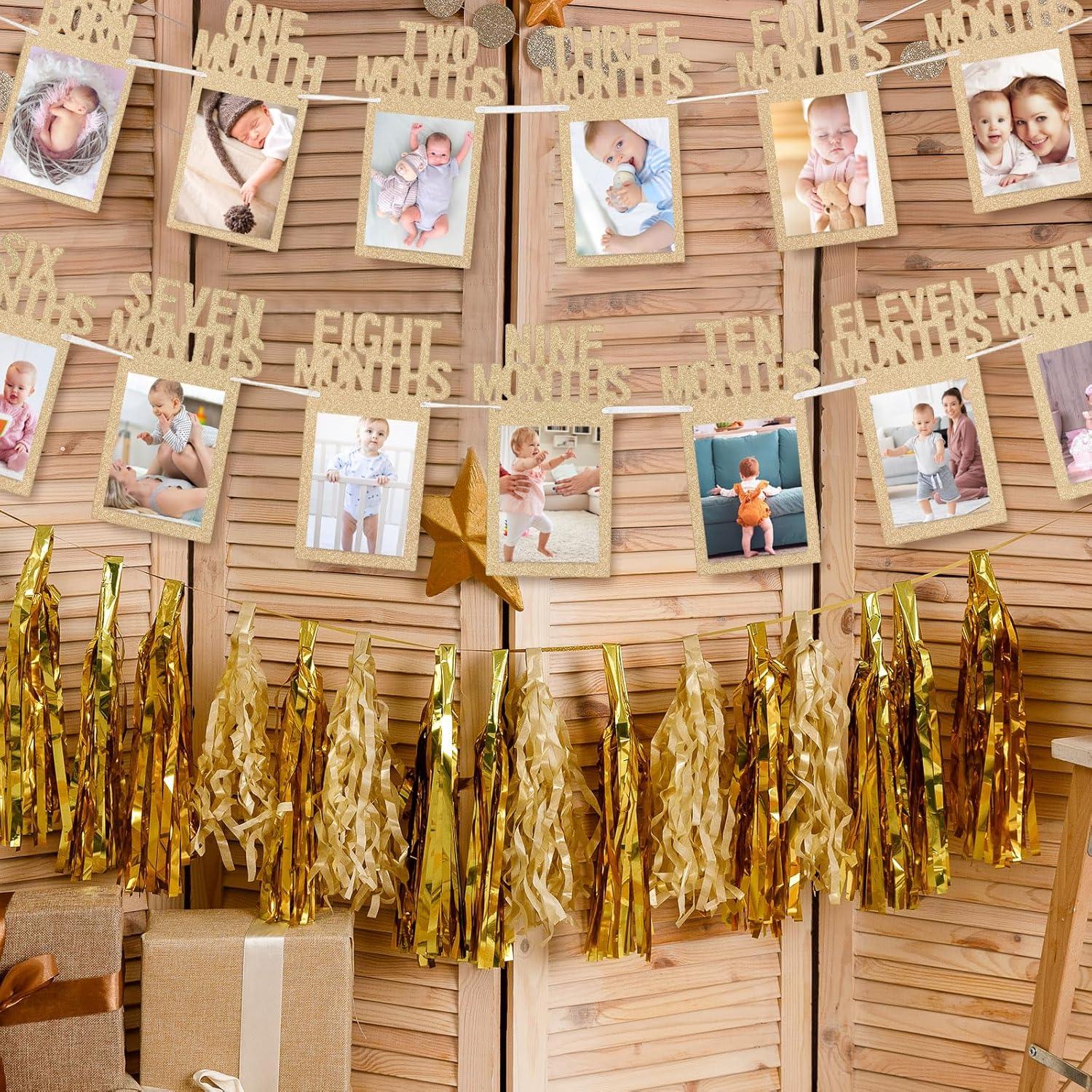 imageWhaline 1st Birthday Baby Photo Banner for Newborn to 12 Months Monthly Milestone Photograph Bunting Garland First Birthday Celebration Decoration Rose GoldChampagne Gold