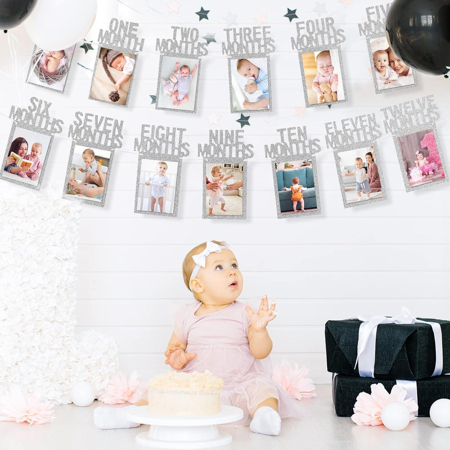 imageWhaline 1st Birthday Baby Photo Banner for Newborn to 12 Months Monthly Milestone Photograph Bunting Garland First Birthday Celebration Decoration Rose GoldSilver