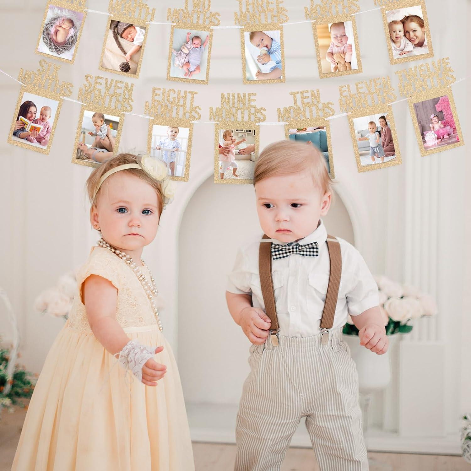 imageWhaline 1st Birthday Baby Photo Banner for Newborn to 12 Months Monthly Milestone Photograph Bunting Garland First Birthday Celebration Decoration Rose GoldChampagne Gold