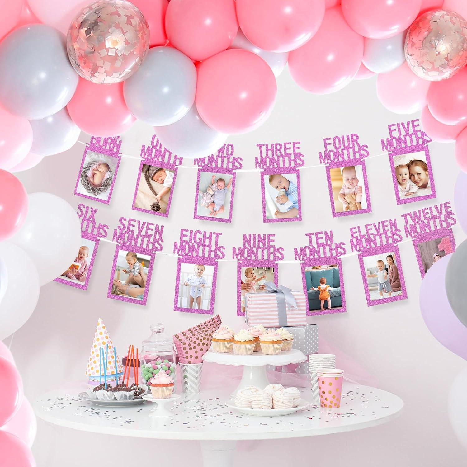 imageWhaline 1st Birthday Baby Photo Banner for Newborn to 12 Months Monthly Milestone Photograph Bunting Garland First Birthday Celebration Decoration Rose GoldHot Pink