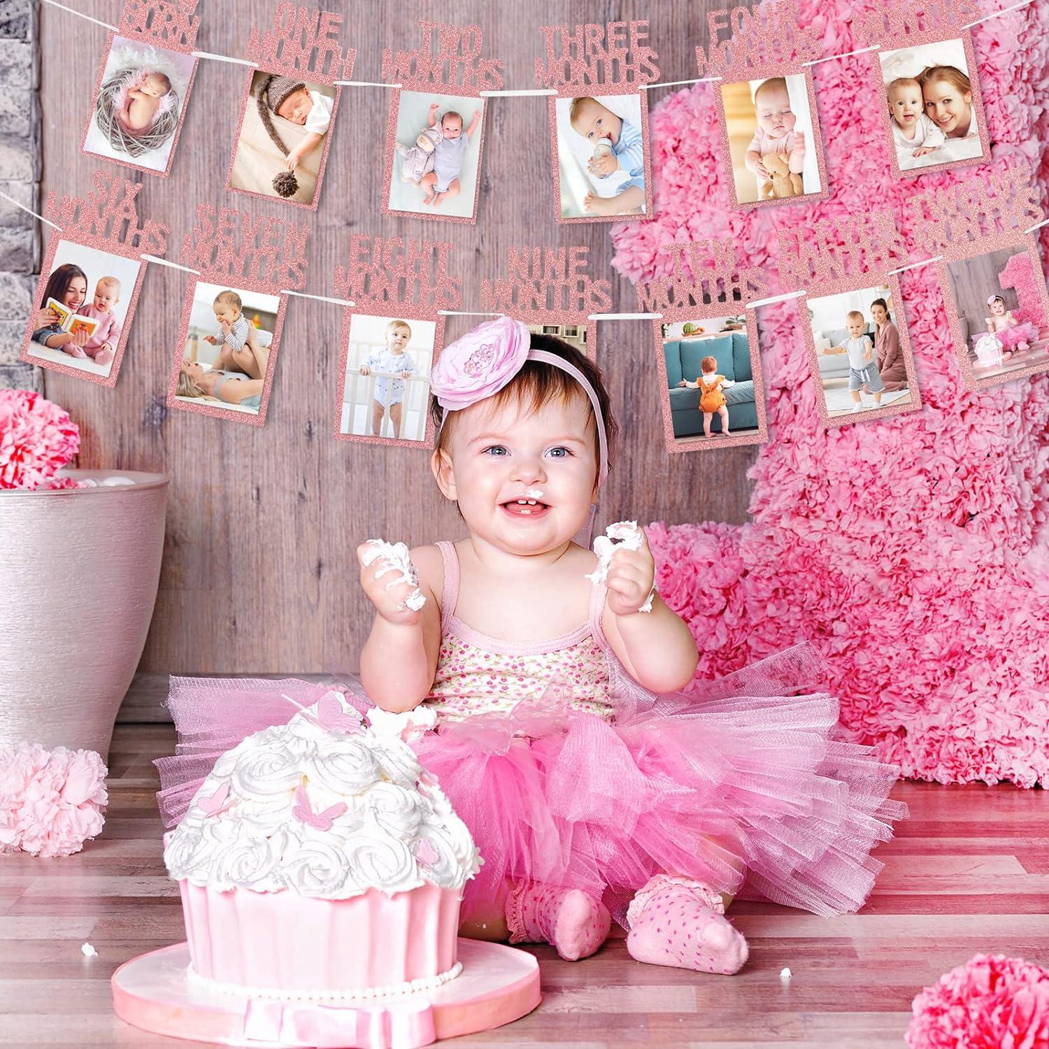 imageWhaline 1st Birthday Baby Photo Banner for Newborn to 12 Months Monthly Milestone Photograph Bunting Garland First Birthday Celebration Decoration Rose GoldRose Gold