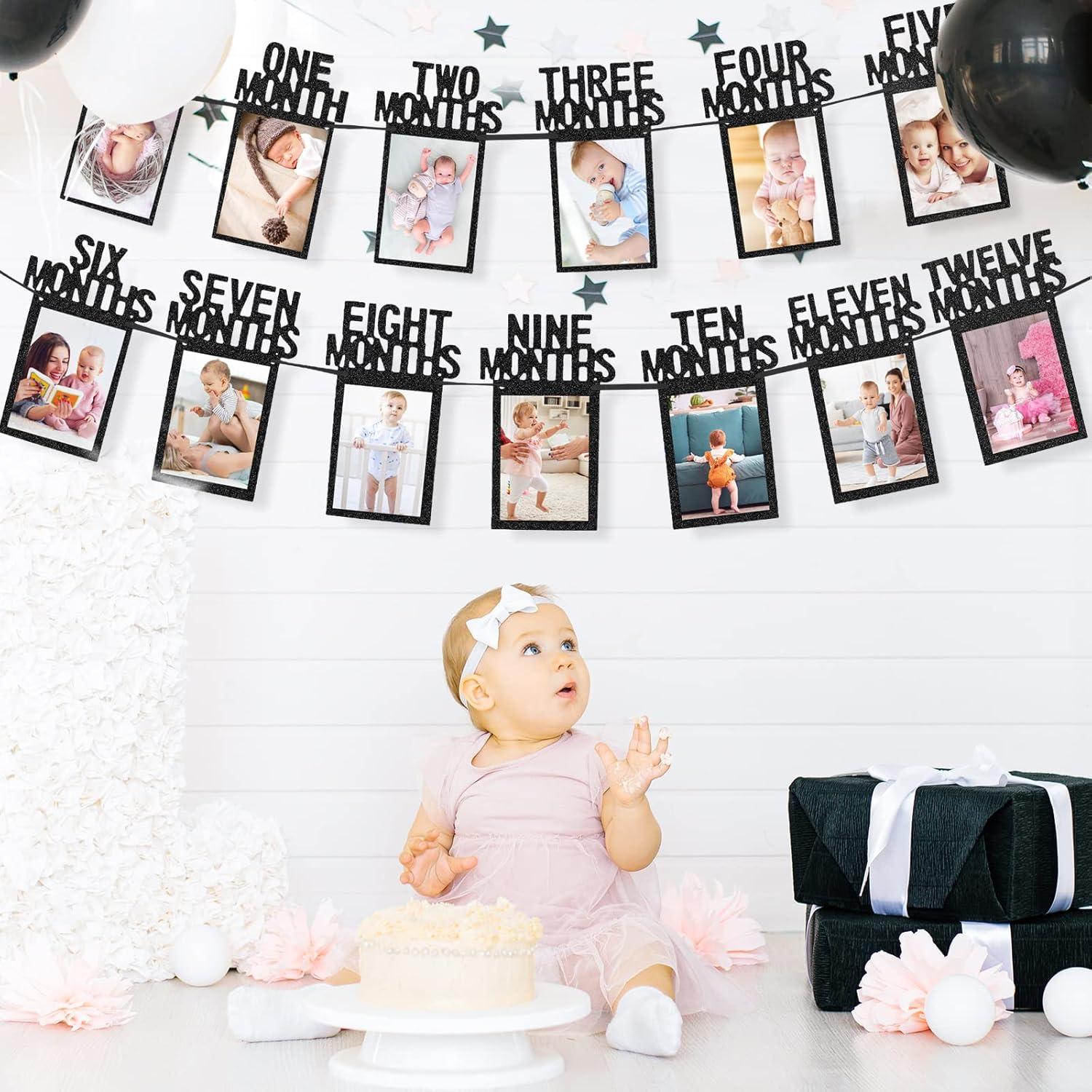 imageWhaline 1st Birthday Baby Photo Banner for Newborn to 12 Months Monthly Milestone Photograph Bunting Garland First Birthday Celebration Decoration Rose GoldBlack