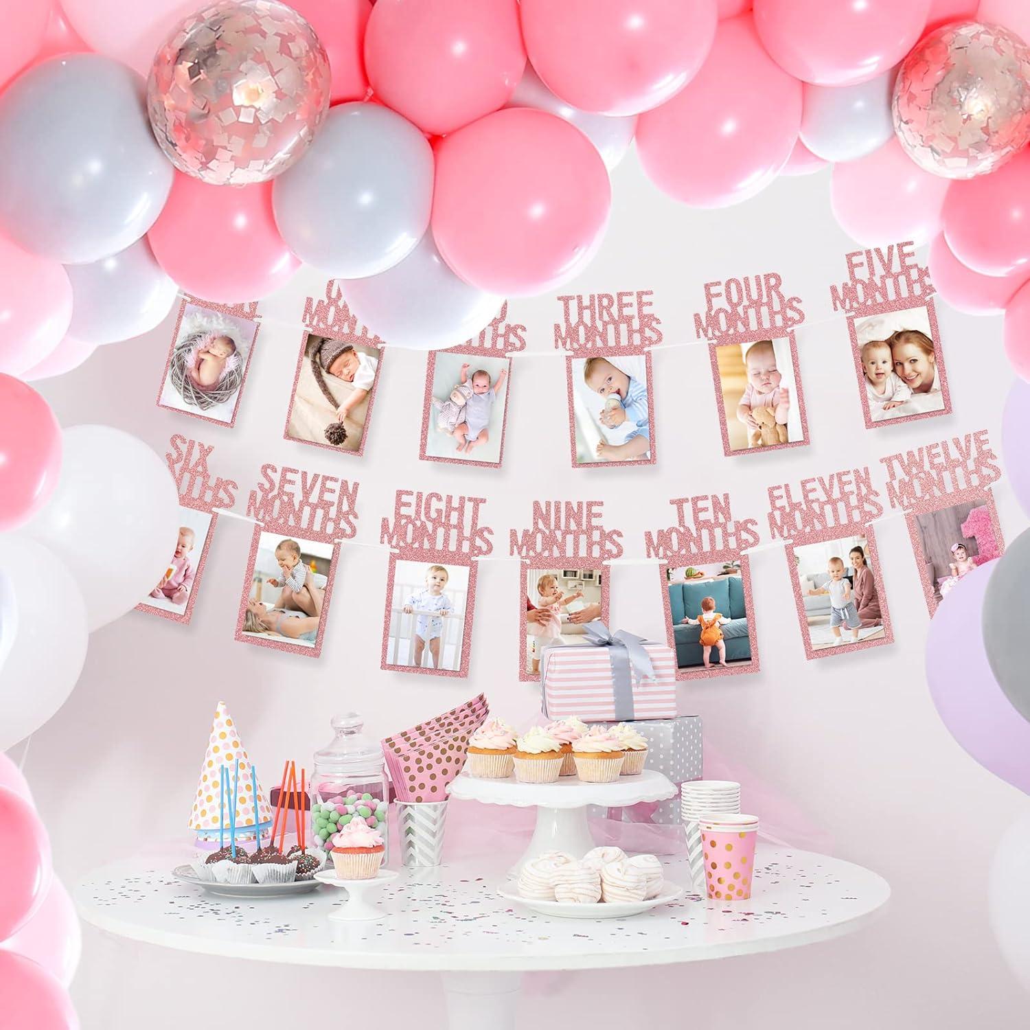 imageWhaline 1st Birthday Baby Photo Banner for Newborn to 12 Months Monthly Milestone Photograph Bunting Garland First Birthday Celebration Decoration Rose GoldRose Gold