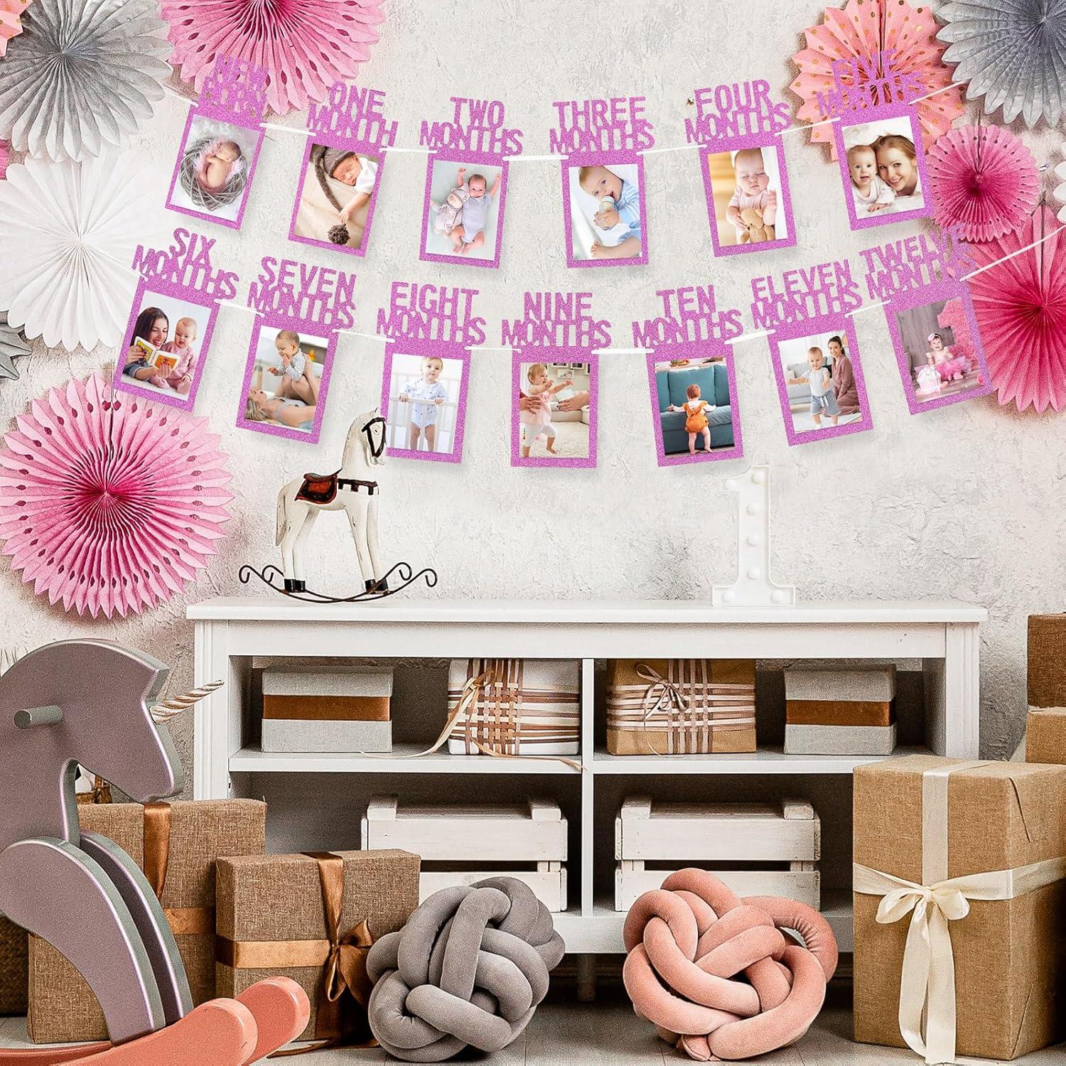 imageWhaline 1st Birthday Baby Photo Banner for Newborn to 12 Months Monthly Milestone Photograph Bunting Garland First Birthday Celebration Decoration Rose GoldHot Pink