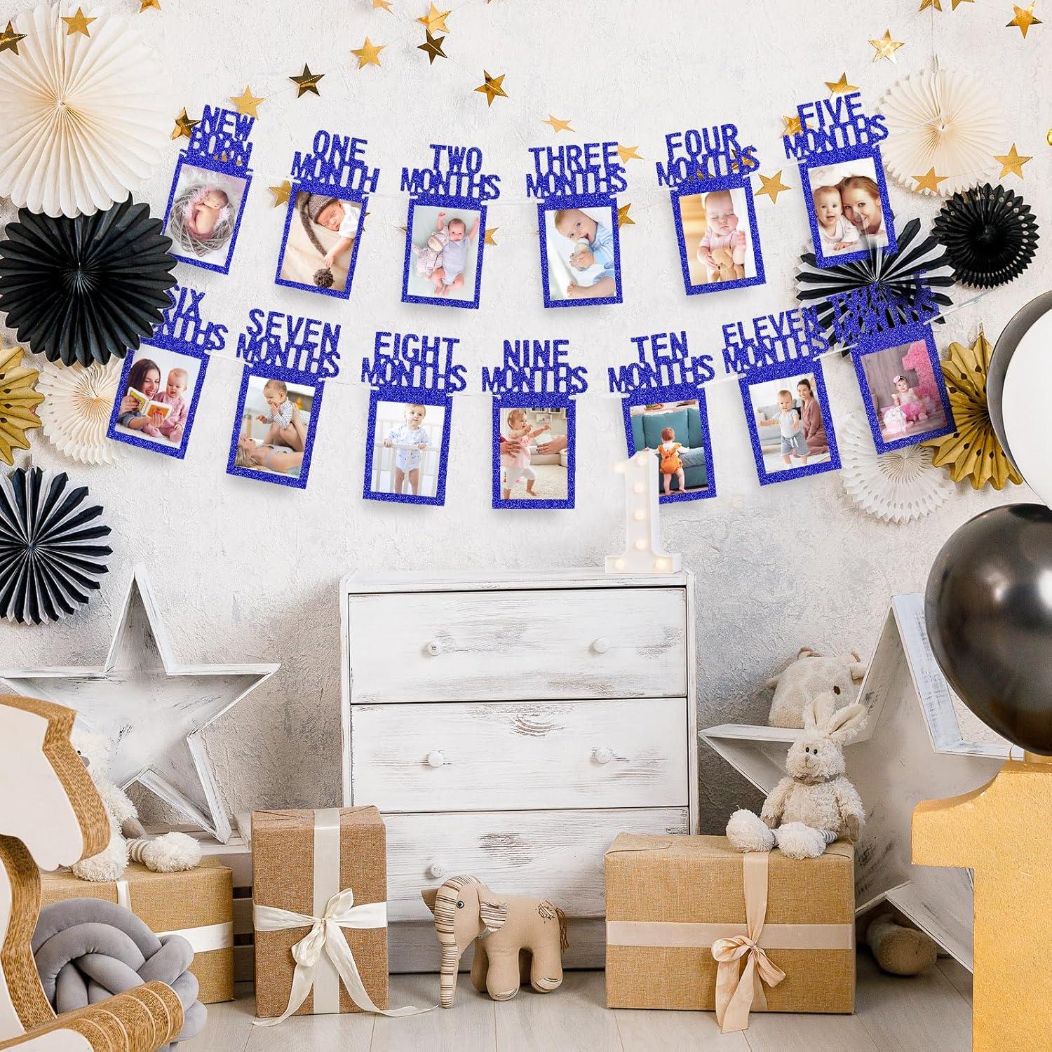 imageWhaline 1st Birthday Baby Photo Banner for Newborn to 12 Months Monthly Milestone Photograph Bunting Garland First Birthday Celebration Decoration Rose GoldNavy Blue