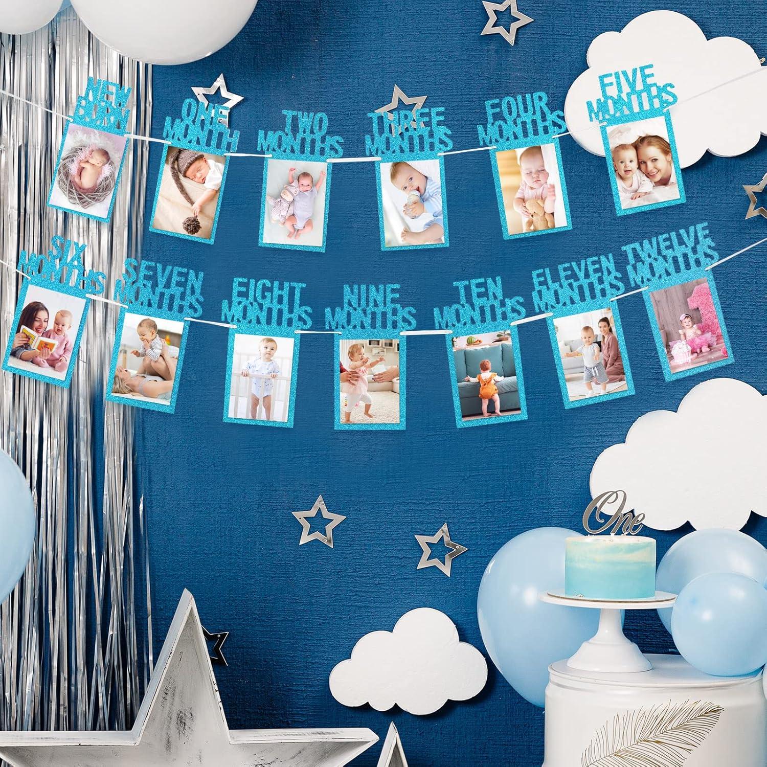 imageWhaline 1st Birthday Baby Photo Banner for Newborn to 12 Months Monthly Milestone Photograph Bunting Garland First Birthday Celebration Decoration Rose GoldBlue