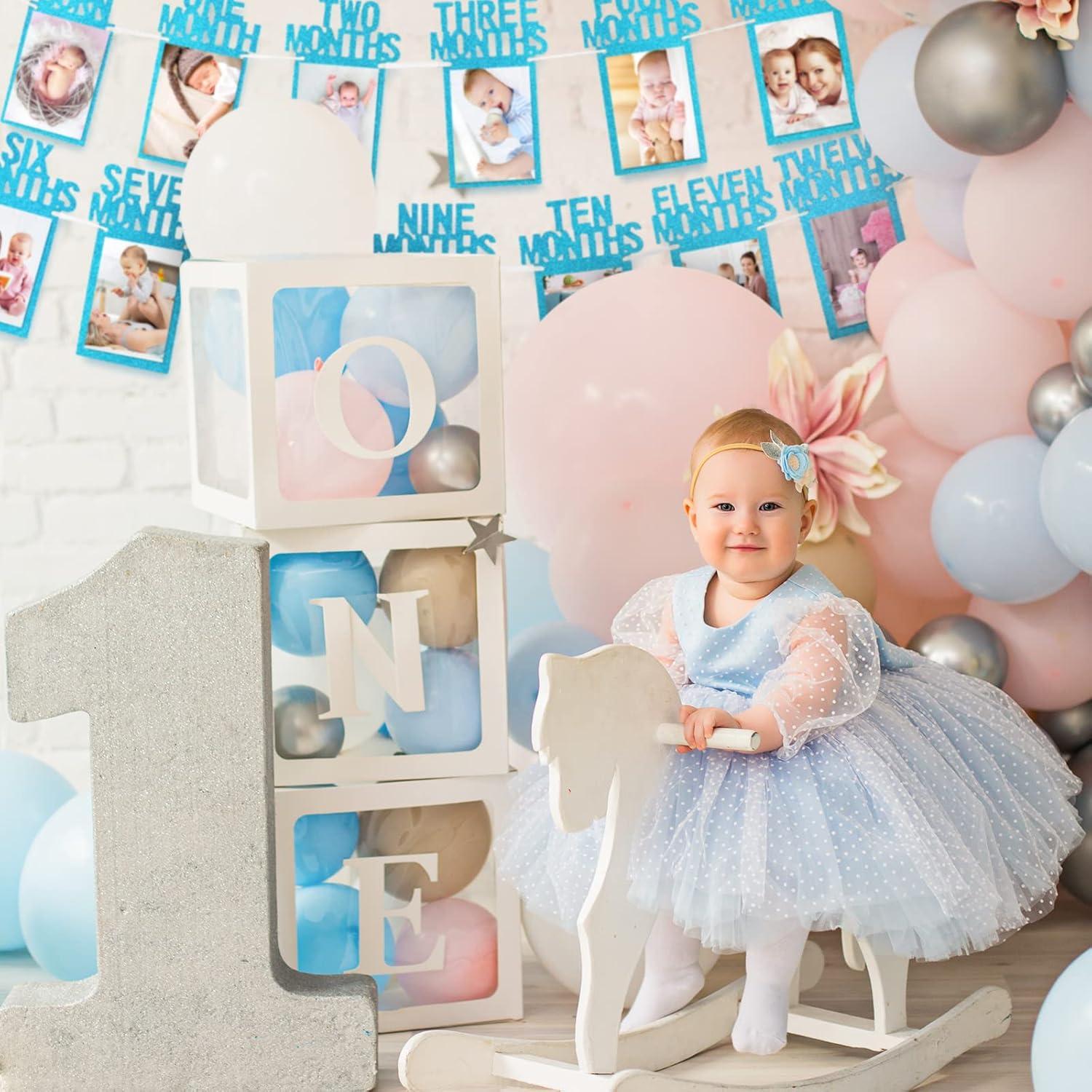 imageWhaline 1st Birthday Baby Photo Banner for Newborn to 12 Months Monthly Milestone Photograph Bunting Garland First Birthday Celebration Decoration Rose GoldBlue