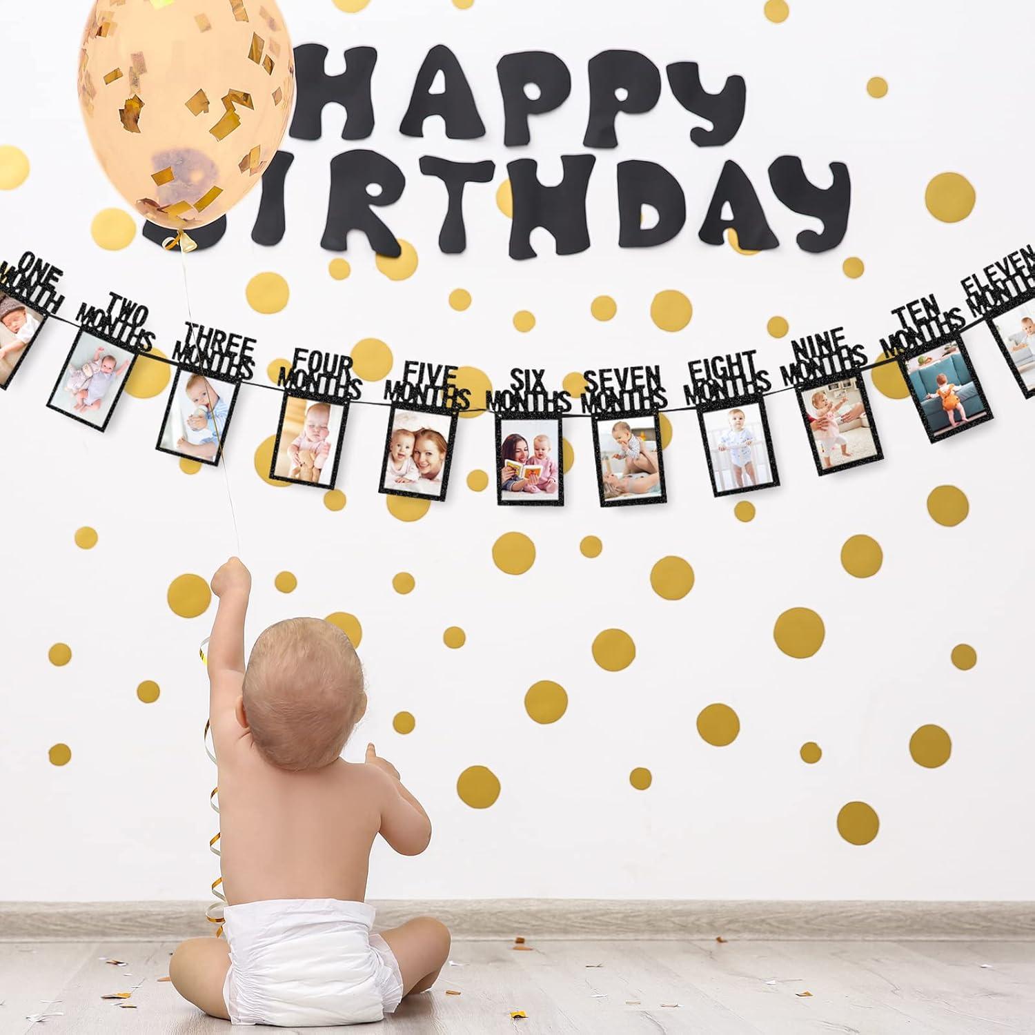imageWhaline 1st Birthday Baby Photo Banner for Newborn to 12 Months Monthly Milestone Photograph Bunting Garland First Birthday Celebration Decoration Rose GoldBlack