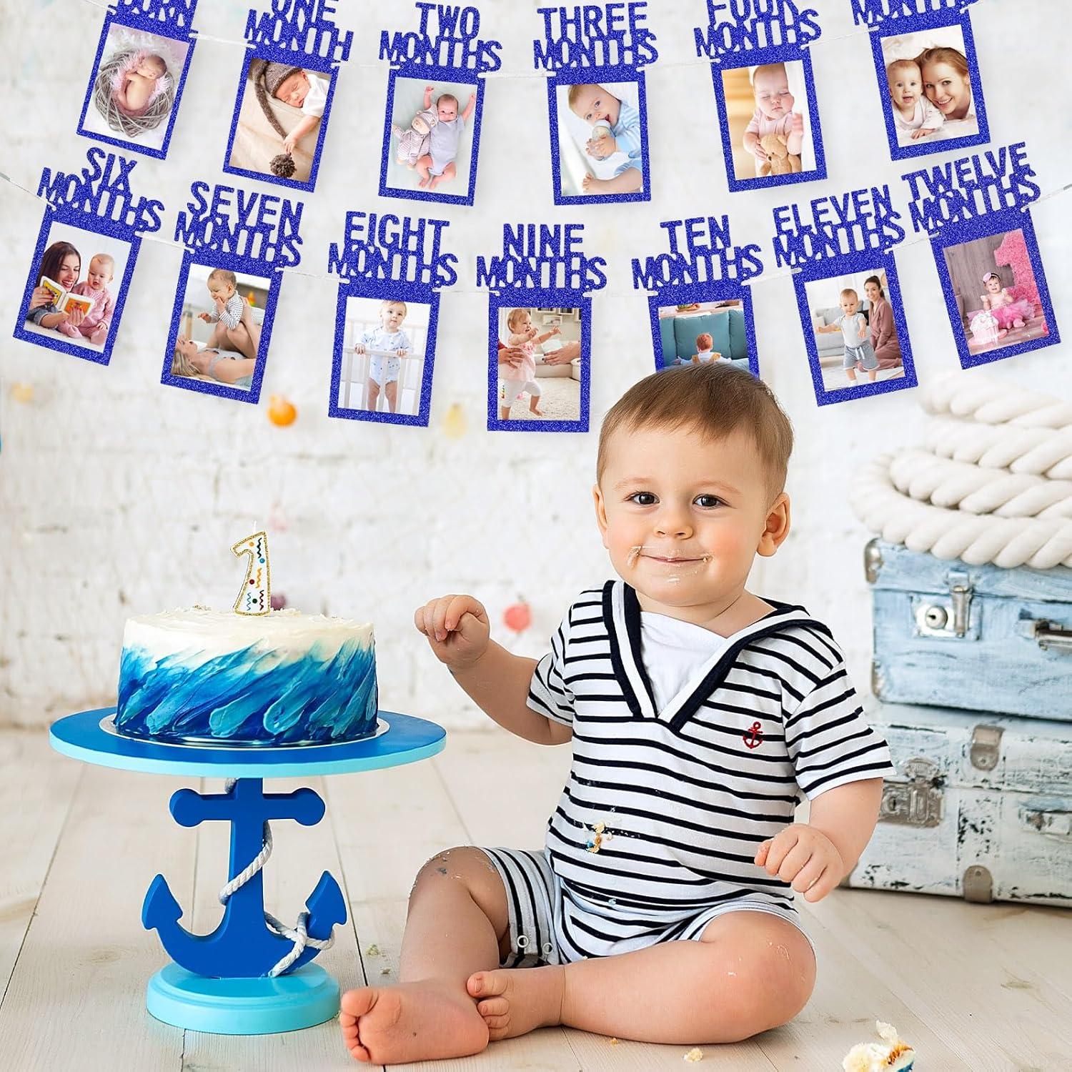 imageWhaline 1st Birthday Baby Photo Banner for Newborn to 12 Months Monthly Milestone Photograph Bunting Garland First Birthday Celebration Decoration Rose GoldNavy Blue
