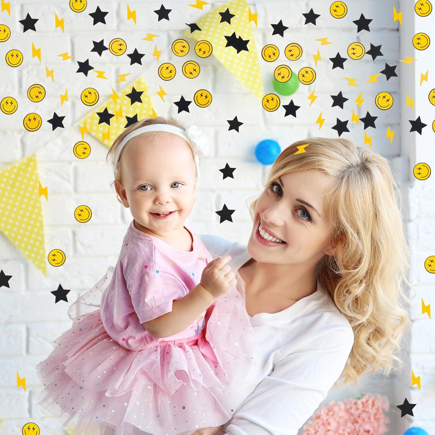 imageWhaline 300Pcs One Happy Dude Table Confetti Smile Face Lightning Star Shaped Confetti Yellow Black Table Centerpiece for First Birthday Party DecorationOne Day Dude