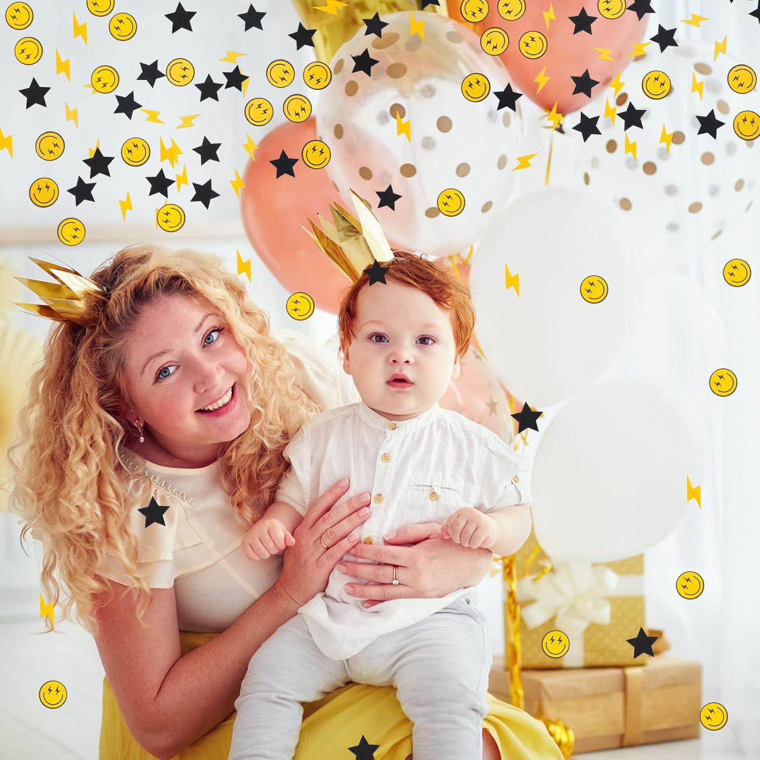 imageWhaline 300Pcs One Happy Dude Table Confetti Smile Face Lightning Star Shaped Confetti Yellow Black Table Centerpiece for First Birthday Party DecorationOne Day Dude