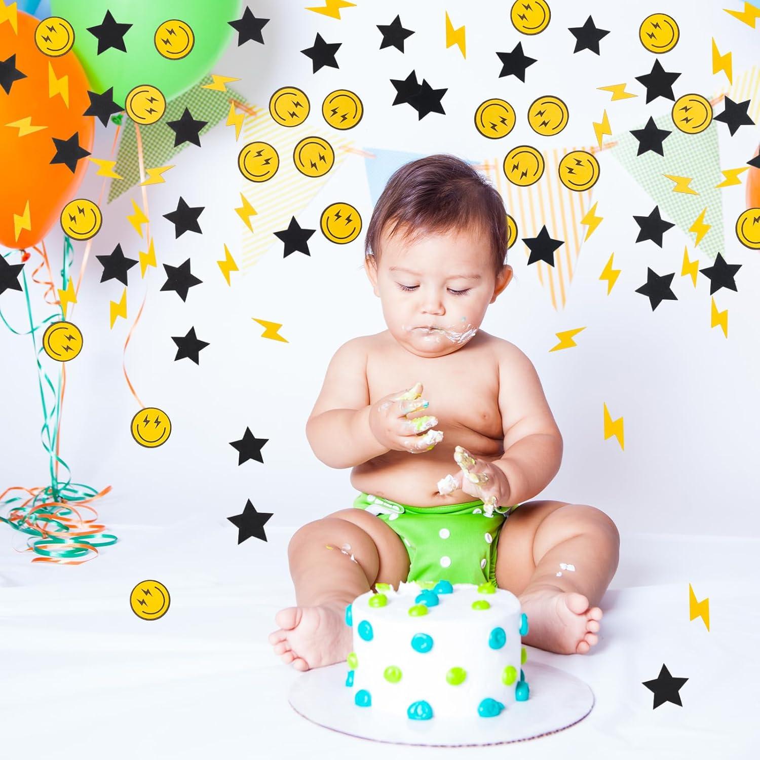 imageWhaline 300Pcs One Happy Dude Table Confetti Smile Face Lightning Star Shaped Confetti Yellow Black Table Centerpiece for First Birthday Party DecorationOne Day Dude