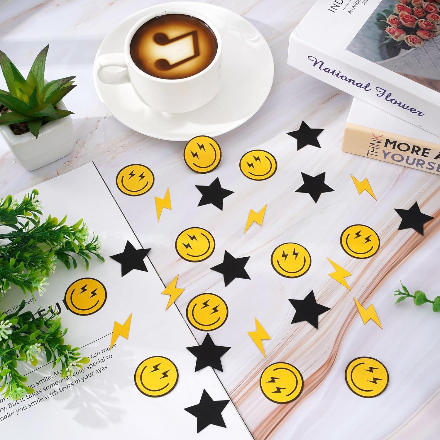 imageWhaline 300Pcs One Happy Dude Table Confetti Smile Face Lightning Star Shaped Confetti Yellow Black Table Centerpiece for First Birthday Party DecorationOne Day Dude