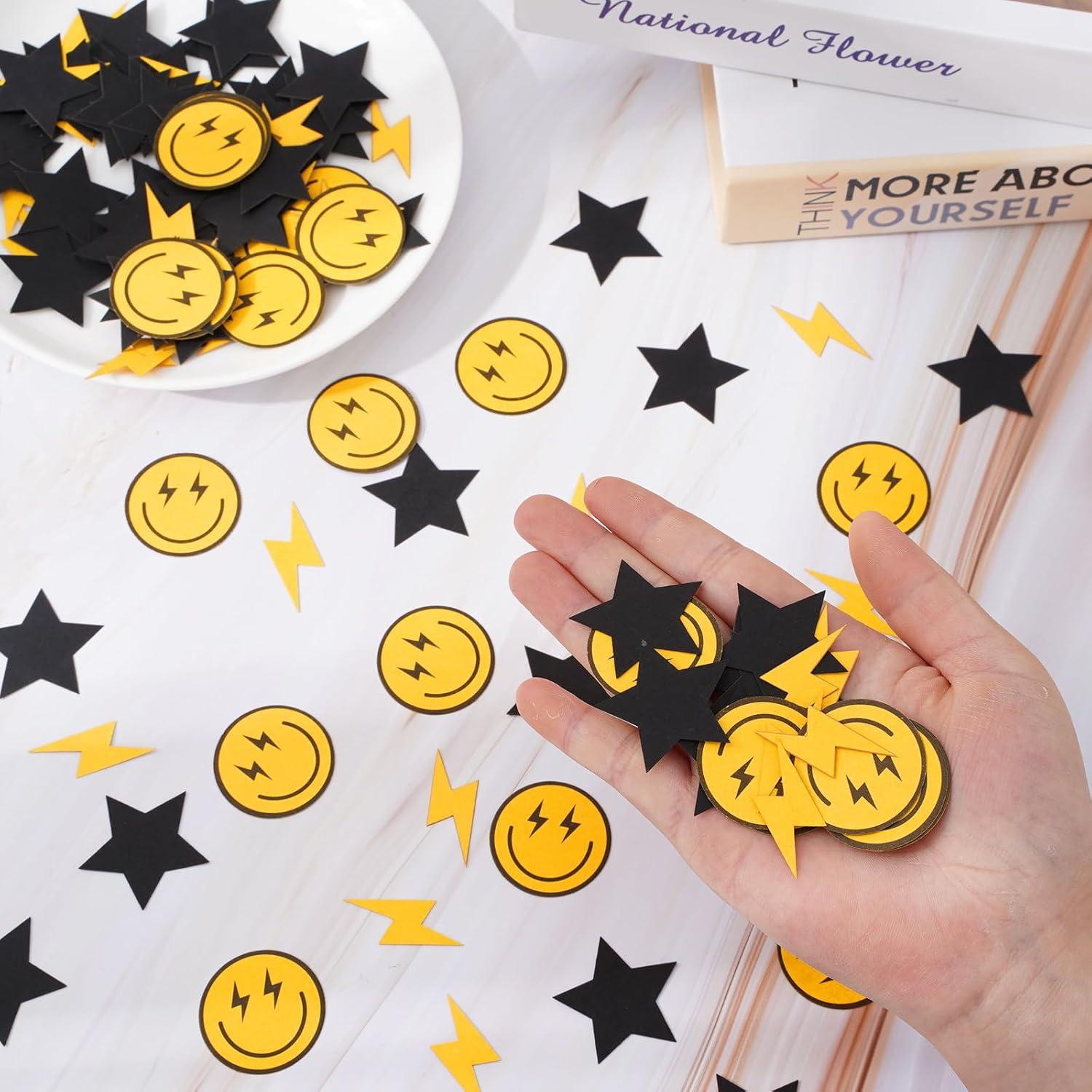 imageWhaline 300Pcs One Happy Dude Table Confetti Smile Face Lightning Star Shaped Confetti Yellow Black Table Centerpiece for First Birthday Party DecorationOne Day Dude