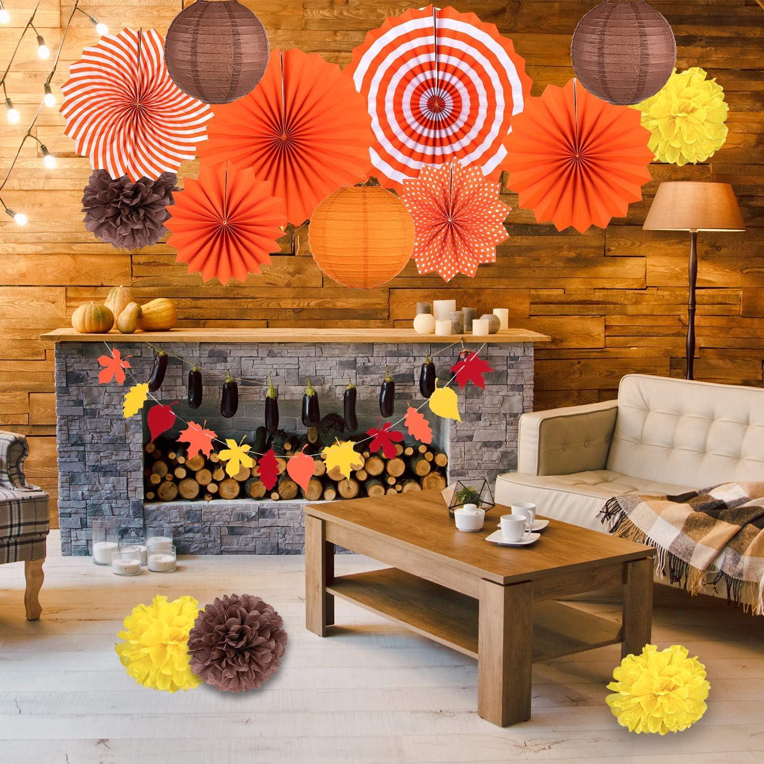 imageWhaline Fall Thanksgiving Tissue Pom Poms Fall Party Decorations Orange Hanging Paper Fans Flower Pompoms Paper Lantern Maple Leaves Bunting Garland Banner for Birthday Wedding Party Decor 16Pcs