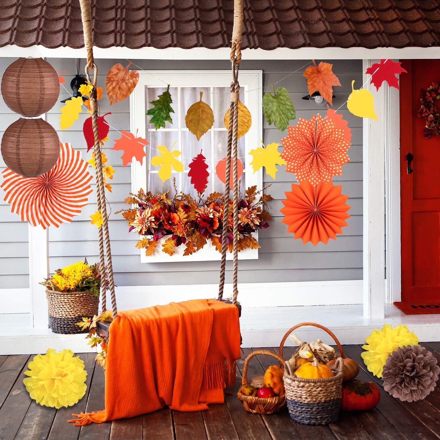 imageWhaline Fall Thanksgiving Tissue Pom Poms Fall Party Decorations Orange Hanging Paper Fans Flower Pompoms Paper Lantern Maple Leaves Bunting Garland Banner for Birthday Wedding Party Decor 16Pcs