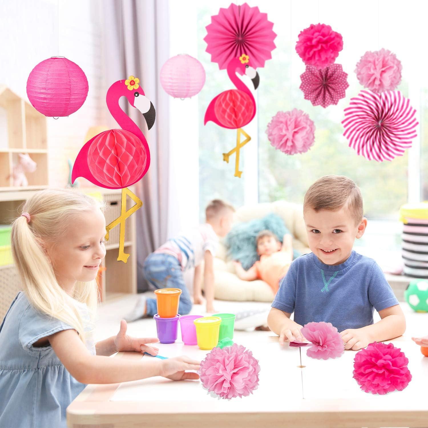 imageWhaline Flamingo Party Honeycomb Decoration Hawaii Flamingo Paper Fans Pink Pom Poms Flowers Paper Lanterns Flamingo Gold Banner for Summer Beach Luau Birthday Baby Shower Wedding Party 15Pcs