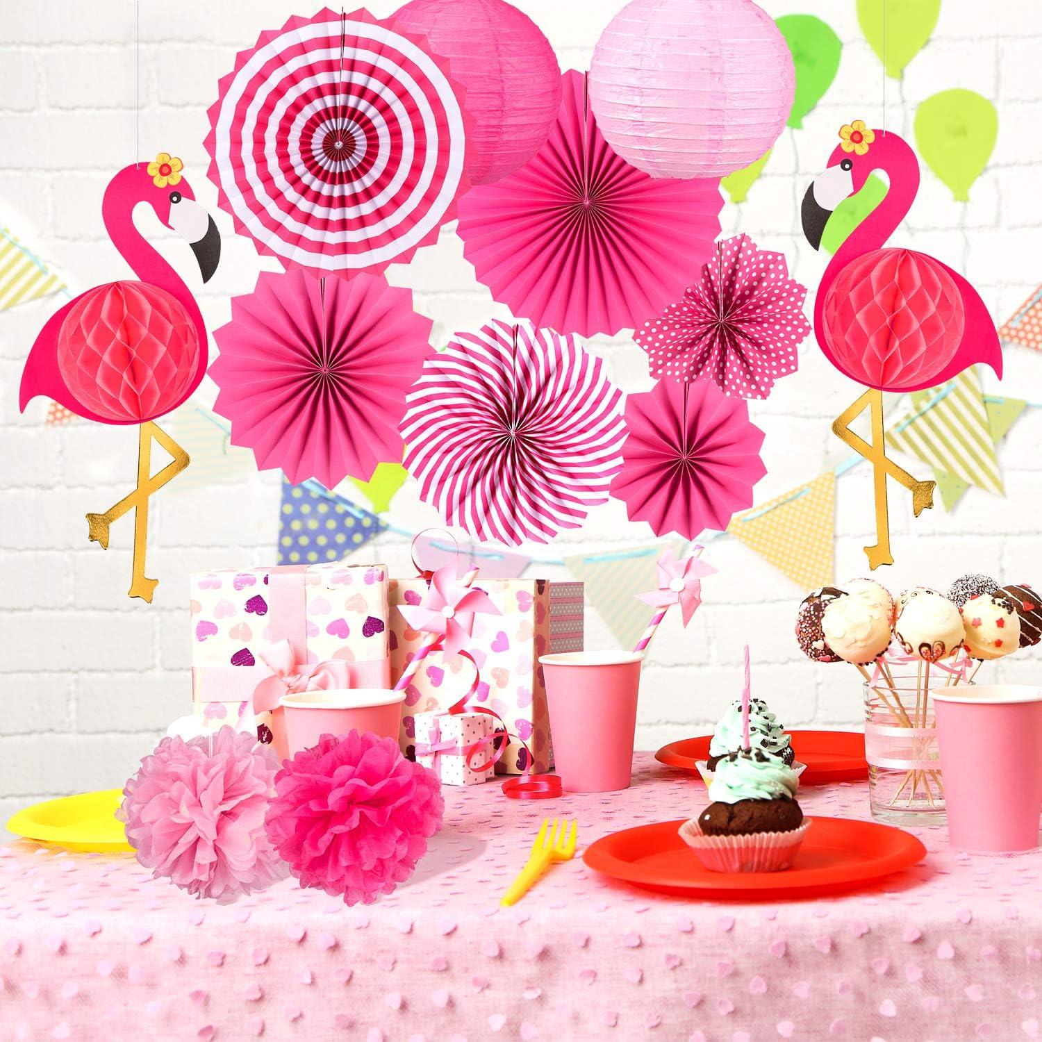 imageWhaline Flamingo Party Honeycomb Decoration Hawaii Flamingo Paper Fans Pink Pom Poms Flowers Paper Lanterns Flamingo Gold Banner for Summer Beach Luau Birthday Baby Shower Wedding Party 15Pcs