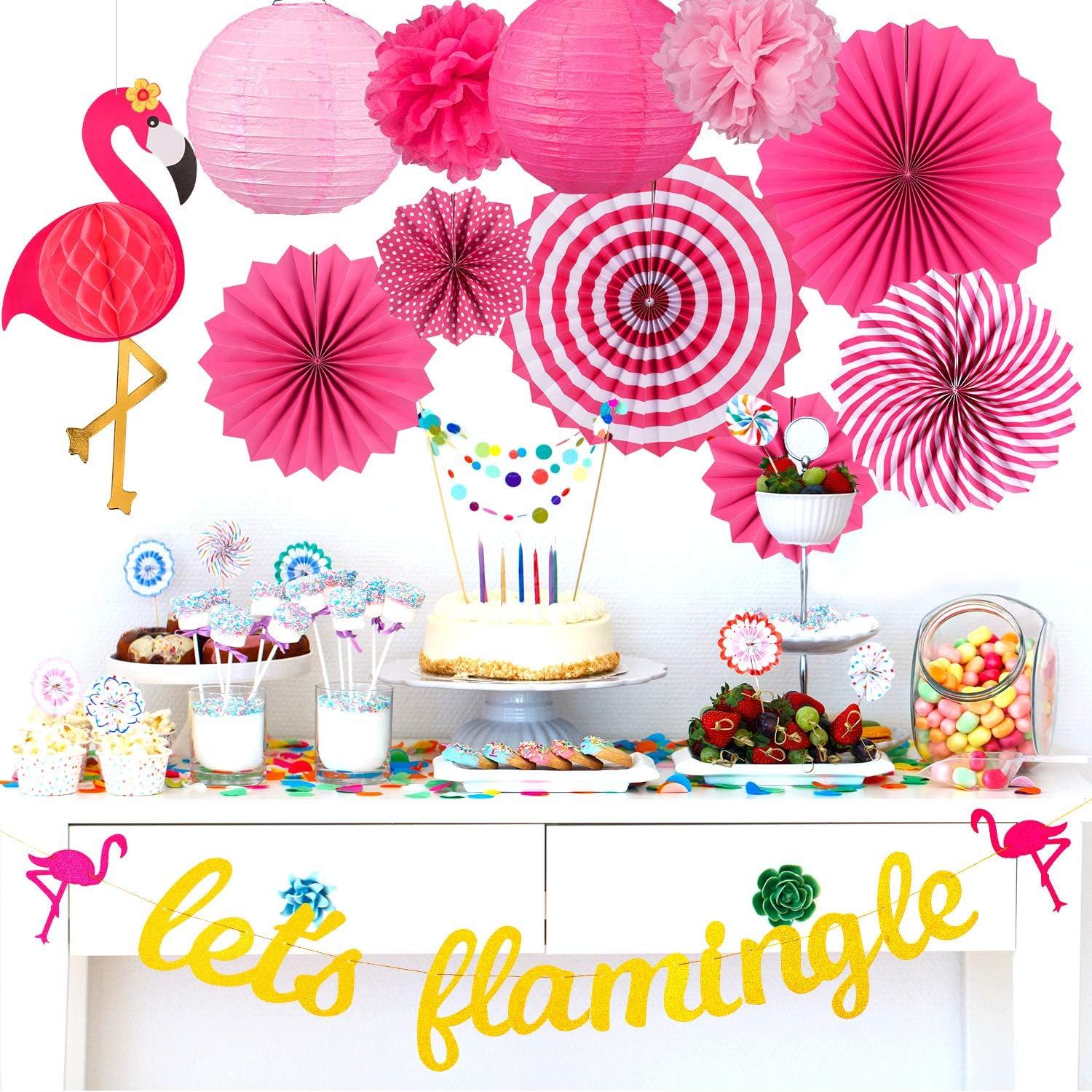 imageWhaline Flamingo Party Honeycomb Decoration Hawaii Flamingo Paper Fans Pink Pom Poms Flowers Paper Lanterns Flamingo Gold Banner for Summer Beach Luau Birthday Baby Shower Wedding Party 15Pcs