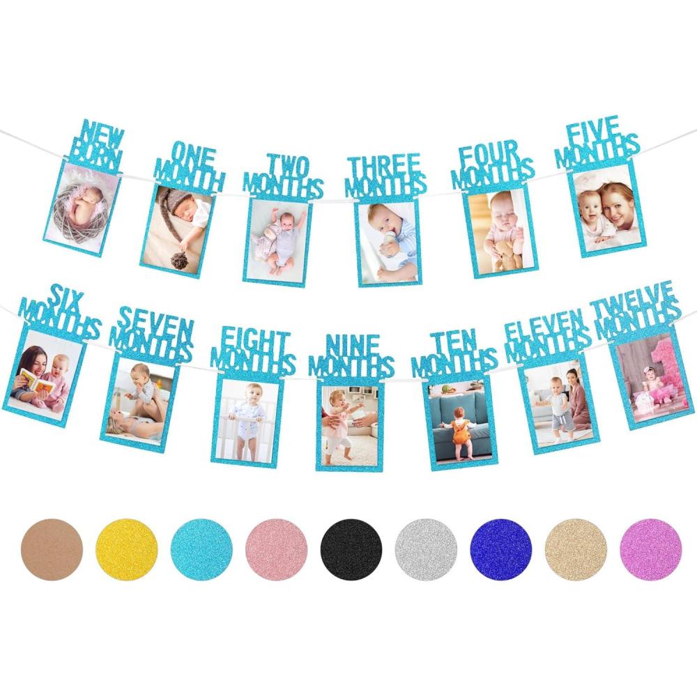 imageWhaline 1st Birthday Baby Photo Banner for Newborn to 12 Months Monthly Milestone Photograph Bunting Garland First Birthday Celebration Decoration Rose GoldBlue