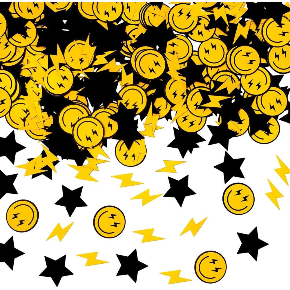 imageWhaline 300Pcs One Happy Dude Table Confetti Smile Face Lightning Star Shaped Confetti Yellow Black Table Centerpiece for First Birthday Party DecorationOne Day Dude