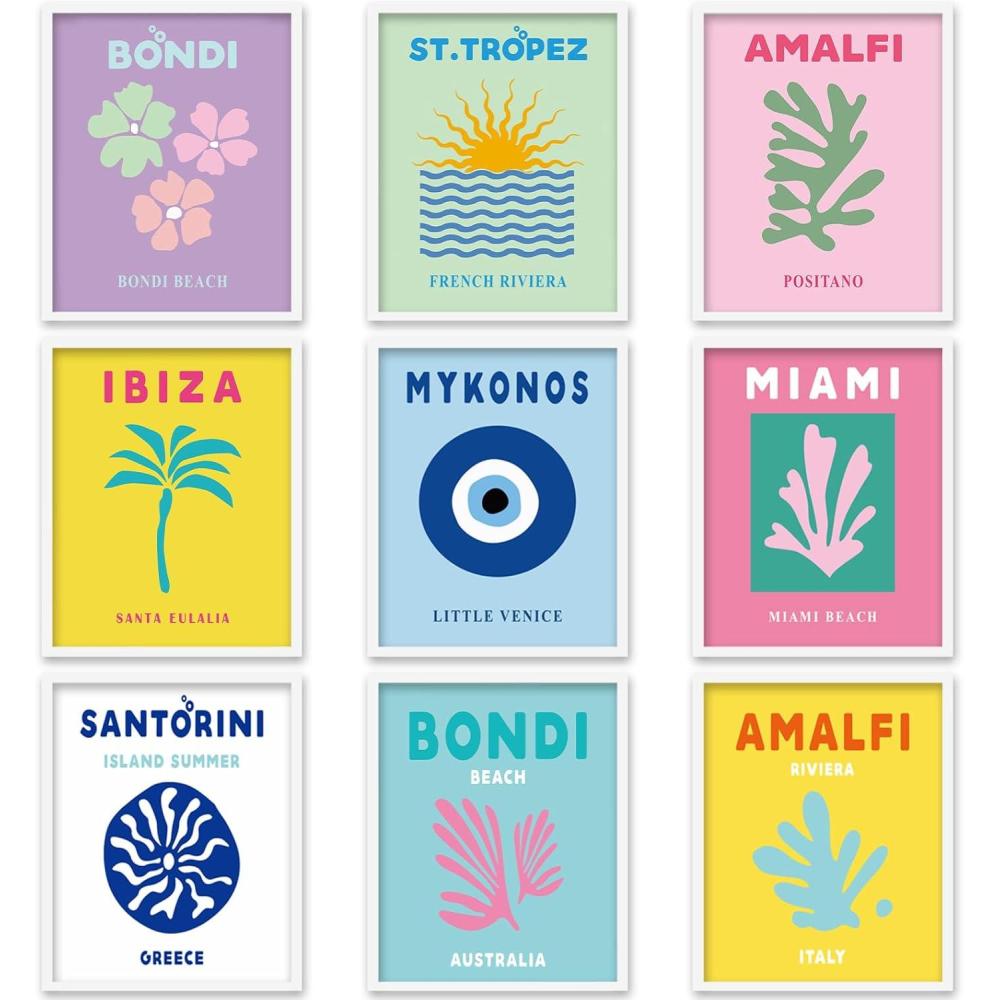 imageWhaline 9Pcs Preppy Pictures Dorm Room Decor Aesthetic Travel Wall Art Prints Abstract Wall Decor Colorful Preppy Poster for Coconut Girls Teen Bedroom College Dorm Unframed 8 x 10 InchCanvas