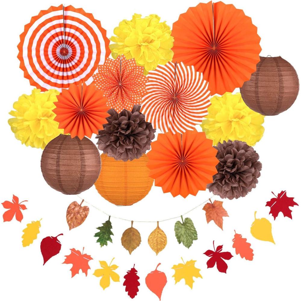 imageWhaline Fall Thanksgiving Tissue Pom Poms Fall Party Decorations Orange Hanging Paper Fans Flower Pompoms Paper Lantern Maple Leaves Bunting Garland Banner for Birthday Wedding Party Decor 16Pcs