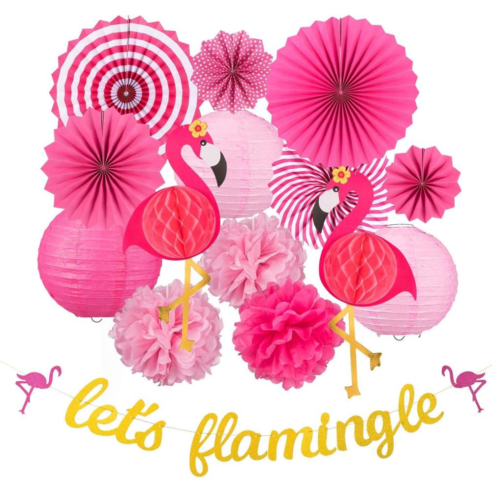 imageWhaline Flamingo Party Honeycomb Decoration Hawaii Flamingo Paper Fans Pink Pom Poms Flowers Paper Lanterns Flamingo Gold Banner for Summer Beach Luau Birthday Baby Shower Wedding Party 15Pcs