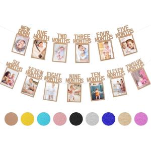 Whaline 1st Birthday Baby Photo Banner for Newborn to 12 Months, Monthly Milestone Photograph Bunting Garland, First Birthday Celebration Decoration (Rose Gold)(Kraft)