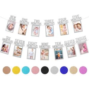 Whaline 1st Birthday Baby Photo Banner for Newborn to 12 Months, Monthly Milestone Photograph Bunting Garland, First Birthday Celebration Decoration (Rose Gold)(Silver)
