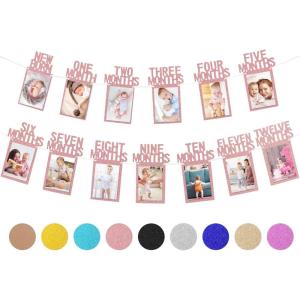 Whaline 1st Birthday Baby Photo Banner for Newborn to 12 Months, Monthly Milestone Photograph Bunting Garland, First Birthday Celebration Decoration (Rose Gold)(Rose Gold)