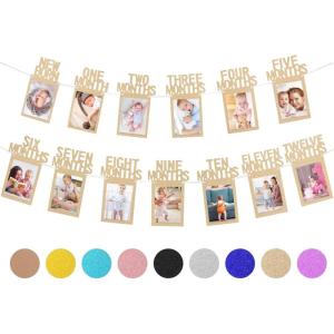 Whaline 1st Birthday Baby Photo Banner for Newborn to 12 Months, Monthly Milestone Photograph Bunting Garland, First Birthday Celebration Decoration (Rose Gold)(Champagne Gold)