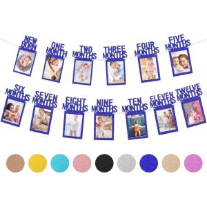 Whaline 1st Birthday Baby Photo Banner for Newborn to 12 Months, Monthly Milestone Photograph Bunting Garland, First Birthday Celebration Decoration (Rose Gold)(Navy Blue)