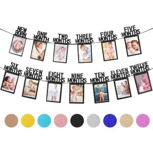 Whaline 1st Birthday Baby Photo Banner for Newborn to 12 Months, Monthly Milestone Photograph Bunting Garland, First Birthday Celebration Decoration (Rose Gold)(Black)