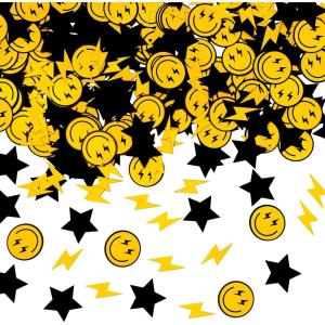 Whaline 300Pcs One Happy Dude Table Confetti Smile Face Lightning Star Shaped Confetti Yellow Black Table Centerpiece for First Birthday Party Decoration(One Day Dude)