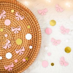 Whaline 300Pcs One Happy Dude Table Confetti Smile Face Lightning Star Shaped Confetti Yellow Black Table Centerpiece for First Birthday Party Decoration(Pink Bow)