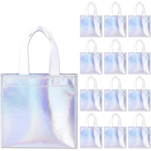 Whaline 24 Pieces 8”x8” Non-Woven Small Party Bags, Holographic Gift Handled Bags, Reusable Candy Goodie Bags, DIY Craft Bags, Glossy Tote Bags for Birthday, Holiday, Event (Iridescent Color)