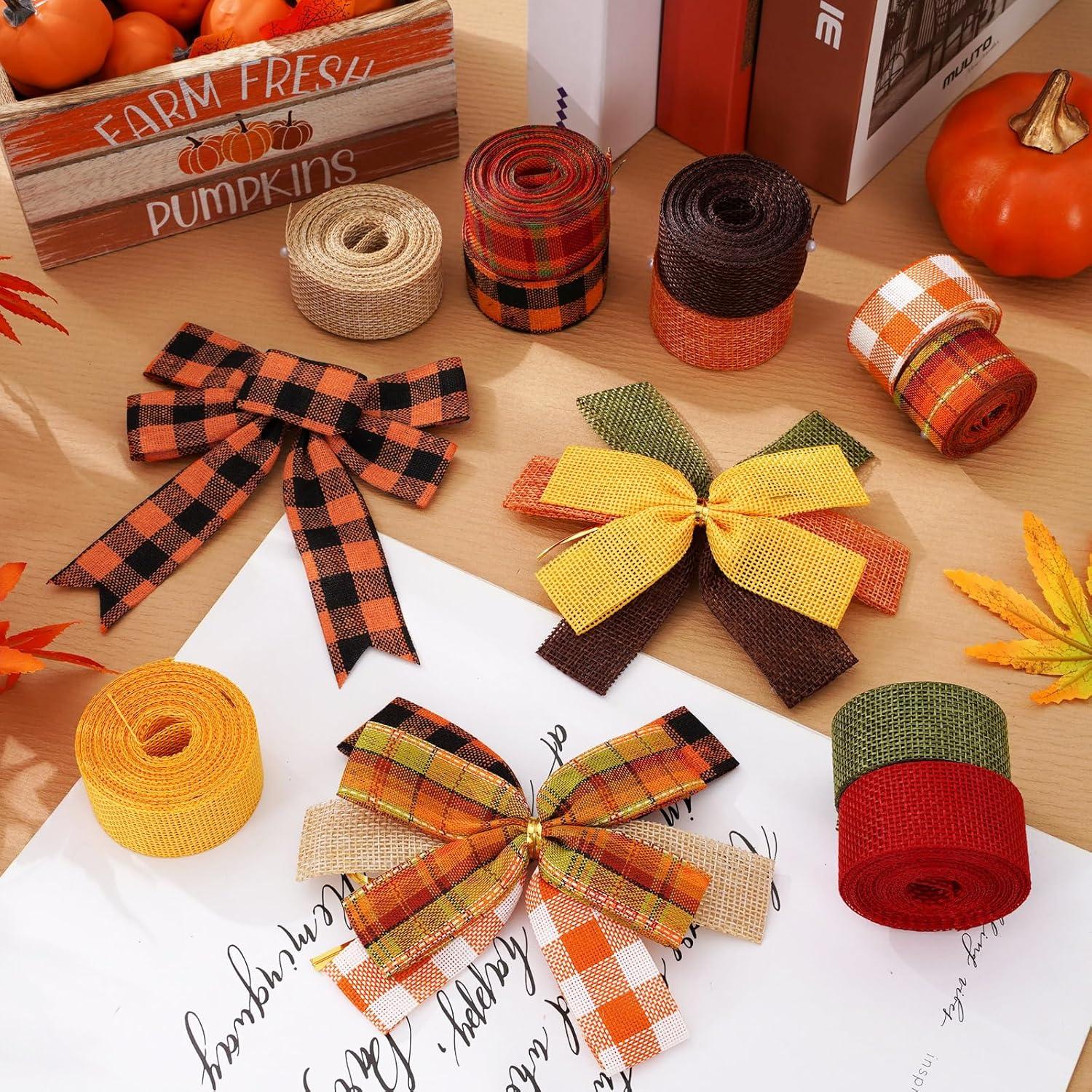 imageWhaline 10 Rolls 50 Yard Fall Plaid Burlap Ribbon 1 Inch Decorative Wrapping Ribbon for Autumn Thanksgiving DIY Crafts Bow Wreath Making Supplies1 Inch