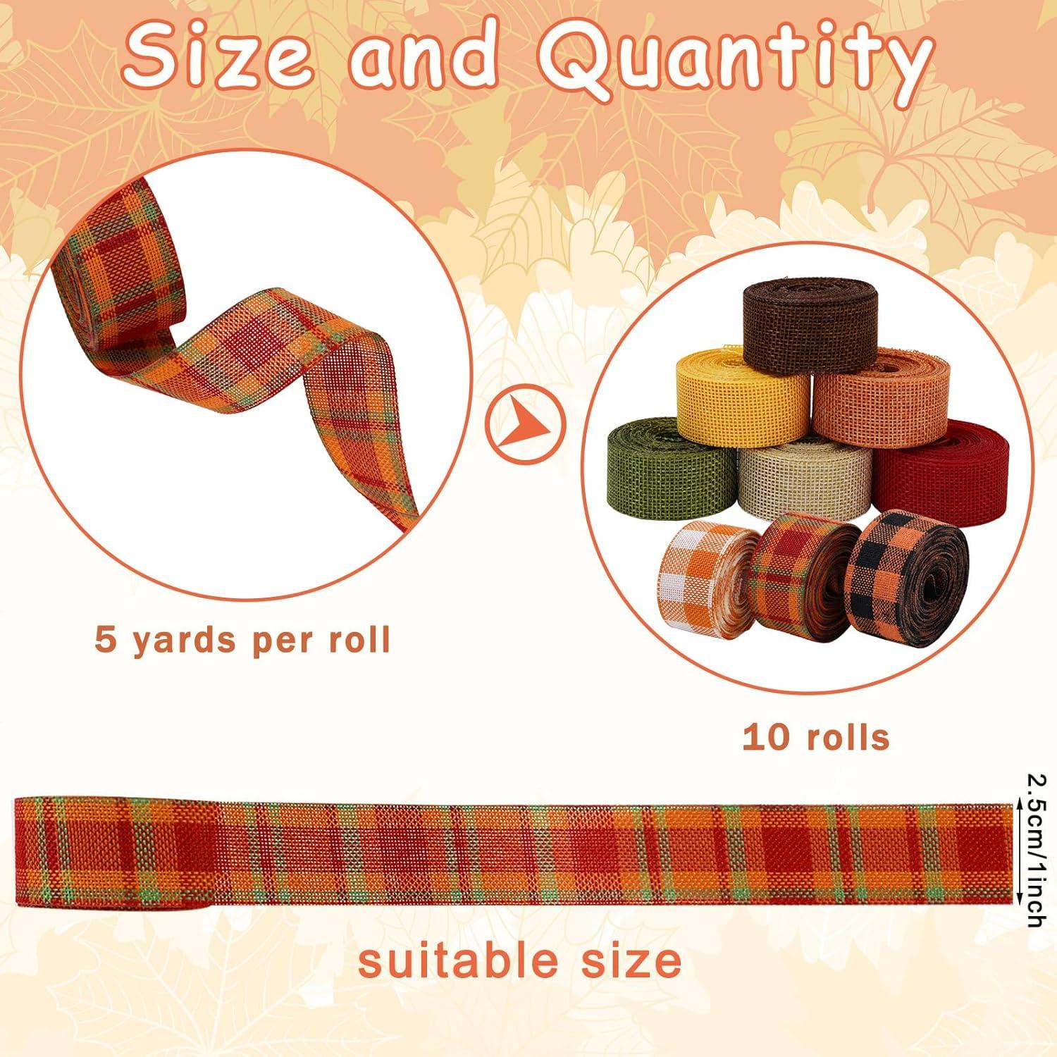 imageWhaline 10 Rolls 50 Yard Fall Plaid Burlap Ribbon 1 Inch Decorative Wrapping Ribbon for Autumn Thanksgiving DIY Crafts Bow Wreath Making Supplies1 Inch