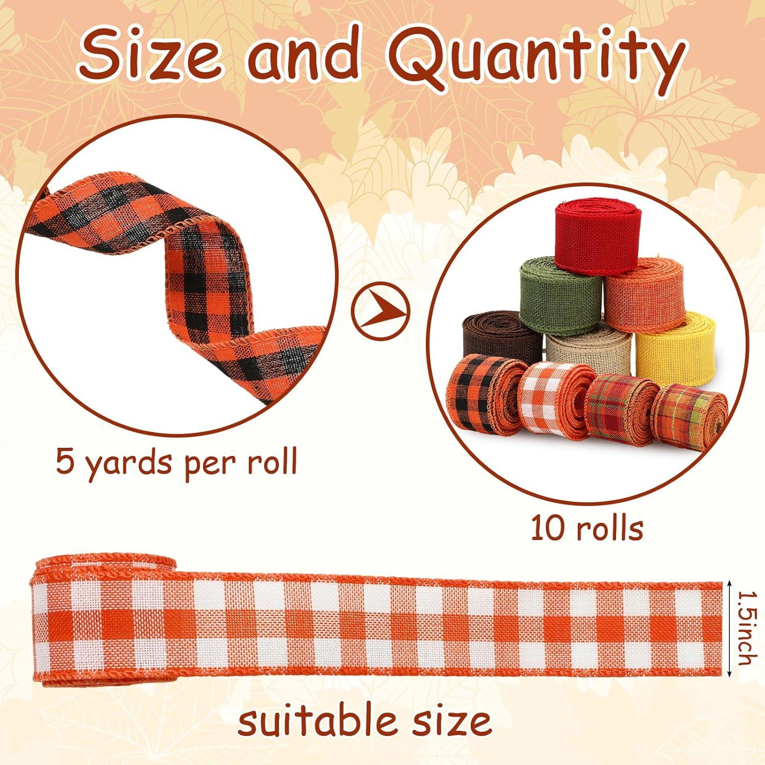 imageWhaline 10 Rolls 50 Yard Fall Plaid Burlap Ribbon 1 Inch Decorative Wrapping Ribbon for Autumn Thanksgiving DIY Crafts Bow Wreath Making Supplies15 Inch