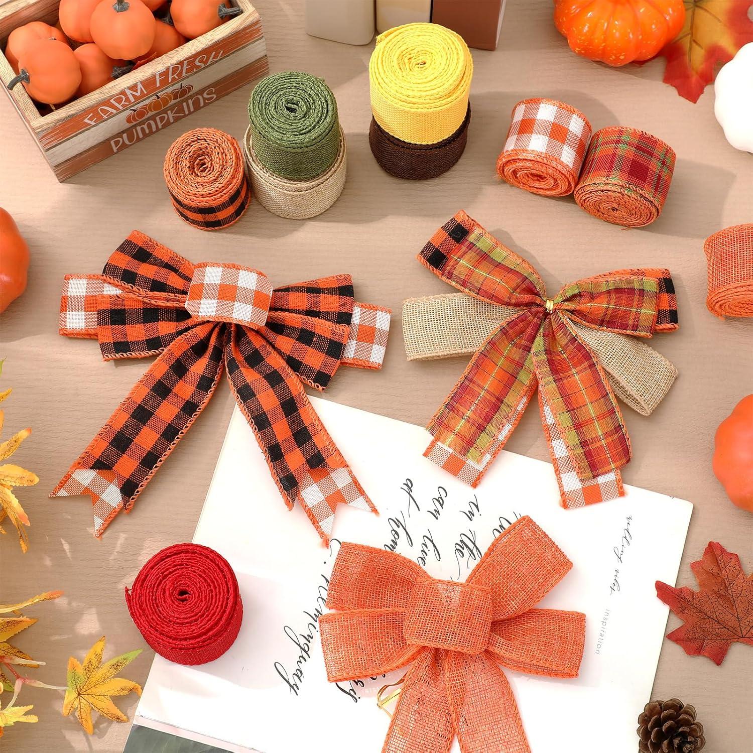 imageWhaline 10 Rolls 50 Yard Fall Plaid Burlap Ribbon 1 Inch Decorative Wrapping Ribbon for Autumn Thanksgiving DIY Crafts Bow Wreath Making Supplies15 Inch