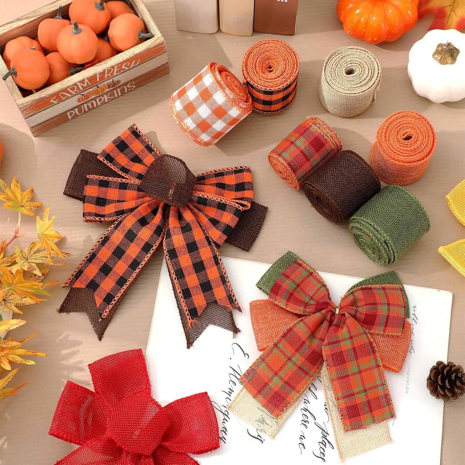 imageWhaline 10 Rolls 50 Yard Fall Plaid Burlap Ribbon 1 Inch Decorative Wrapping Ribbon for Autumn Thanksgiving DIY Crafts Bow Wreath Making Supplies2 Inch