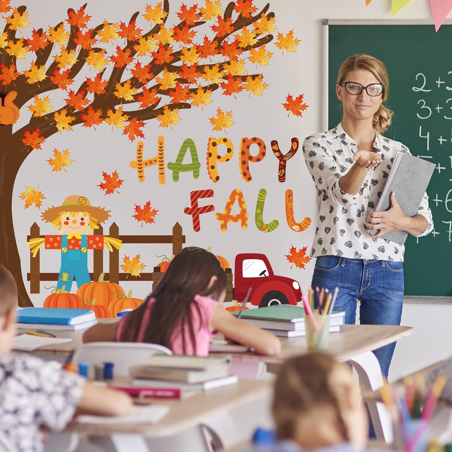 imageWhaline 100Pcs Happy Fall Bulletin Board Decorations Fall Tree Maple Leaf Pumpkin Scarecrow Cutouts Thanksgiving Autumn Classroom Decor with Glue Points for Home School Chalkboard Wall Decor