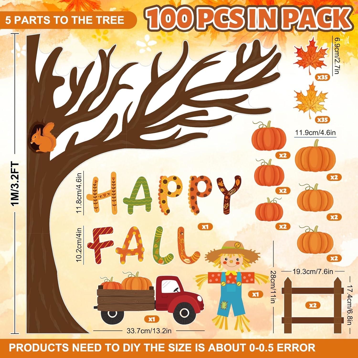 imageWhaline 100Pcs Happy Fall Bulletin Board Decorations Fall Tree Maple Leaf Pumpkin Scarecrow Cutouts Thanksgiving Autumn Classroom Decor with Glue Points for Home School Chalkboard Wall Decor