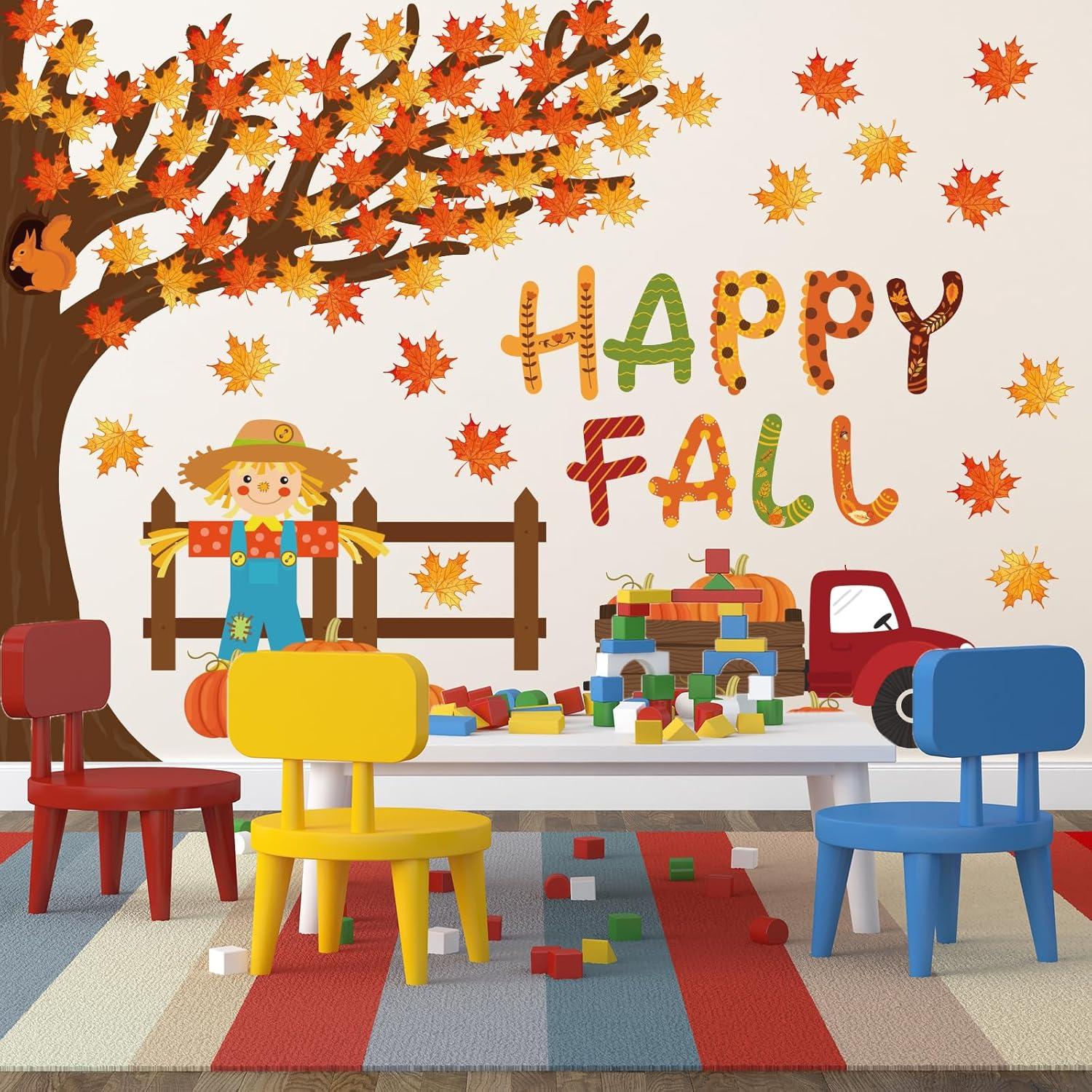 imageWhaline 100Pcs Happy Fall Bulletin Board Decorations Fall Tree Maple Leaf Pumpkin Scarecrow Cutouts Thanksgiving Autumn Classroom Decor with Glue Points for Home School Chalkboard Wall Decor