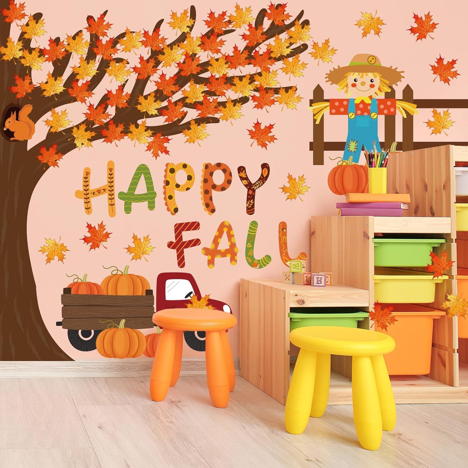 imageWhaline 100Pcs Happy Fall Bulletin Board Decorations Fall Tree Maple Leaf Pumpkin Scarecrow Cutouts Thanksgiving Autumn Classroom Decor with Glue Points for Home School Chalkboard Wall Decor