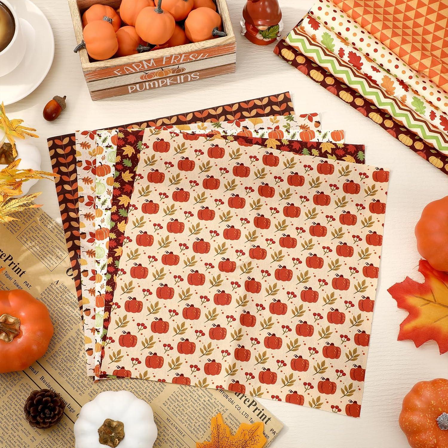 imageWhaline 10Pcs Fall Cotton Fabric Bundles 18 x 22 Inch Fall Leaves Pumpkin Wave Dot Fat Quarters Autumn Quilting Patchwork Squares Sewing Fabrics for Fall Thanksgiving DIY Handmade Craft Party Decor10 x 10 inch