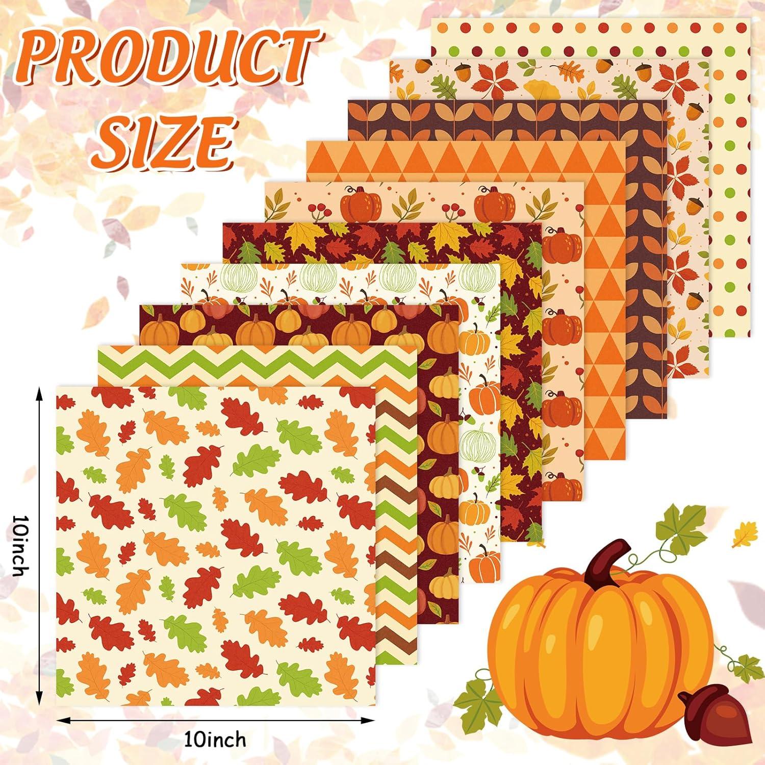 imageWhaline 10Pcs Fall Cotton Fabric Bundles 18 x 22 Inch Fall Leaves Pumpkin Wave Dot Fat Quarters Autumn Quilting Patchwork Squares Sewing Fabrics for Fall Thanksgiving DIY Handmade Craft Party Decor10 x 10 inch